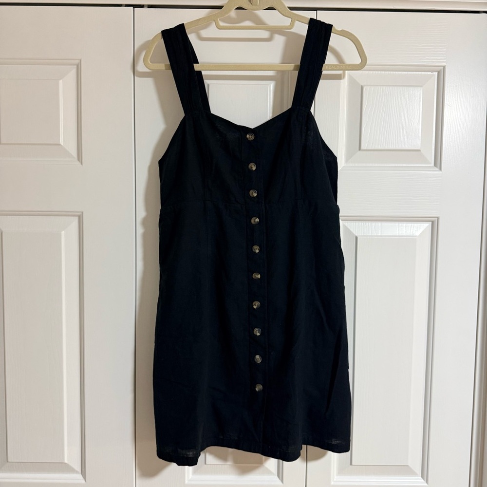 AMERICAN EAGLE NWT A-Line Mini Dress Linen Button Front Smocked Lined Black Med - Picture 2 of 11
